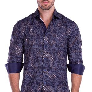 Bespoke Baroque Pattern Metallic Windowpane Print Long Sleeve Dress Shirt Navy